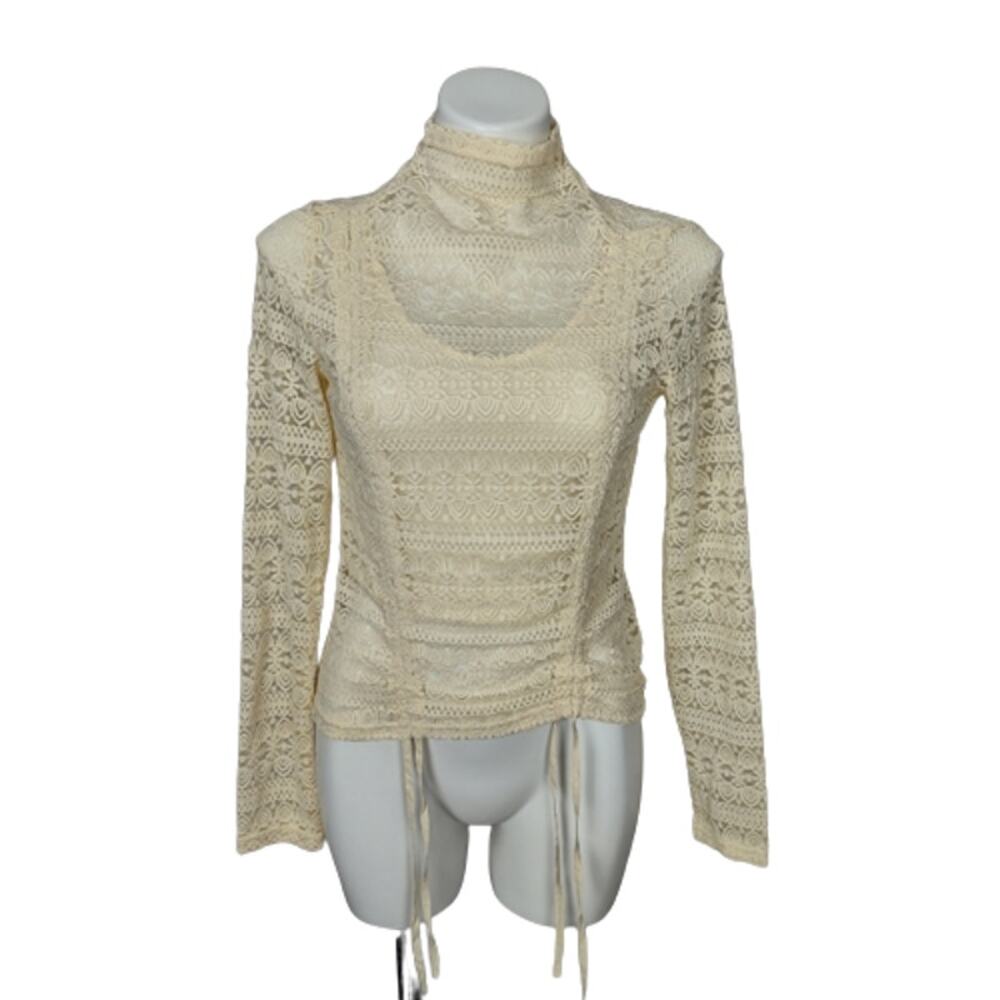 Listicle Open Knit Crochet Lace Up Tie Bow Cinch Mock Neck Top Size M